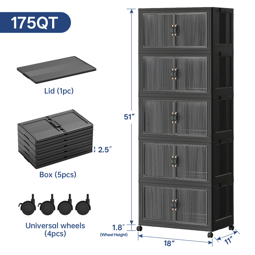 ClimbHope Collapsible Stackable Storage Bins with Lids, Folding Plastic Storage Box with Doors for Home, Closet