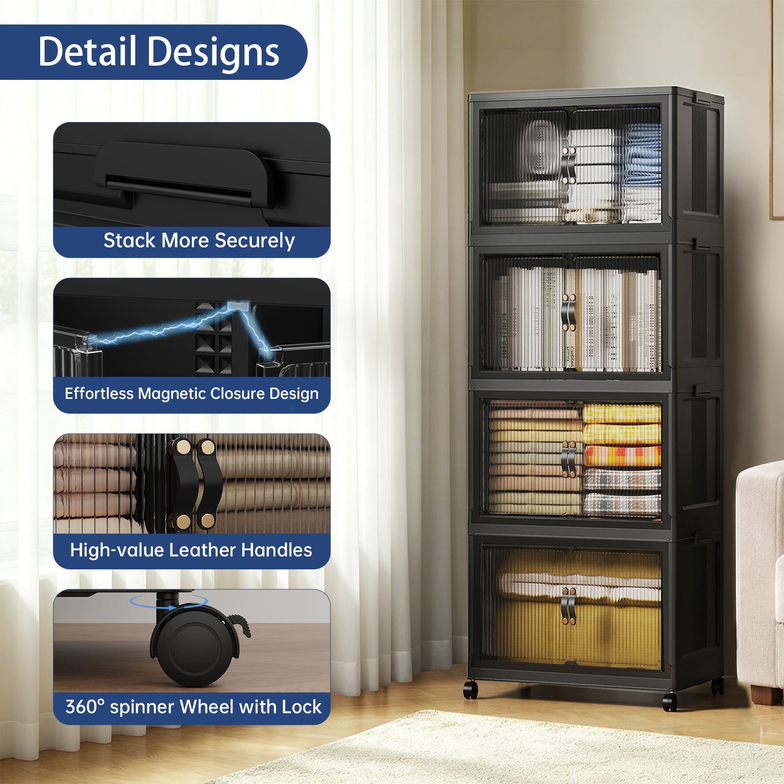 ClimbHope Collapsible Stackable Storage Bins with Lids, Folding Plastic Storage Box with Doors for Home, Closet