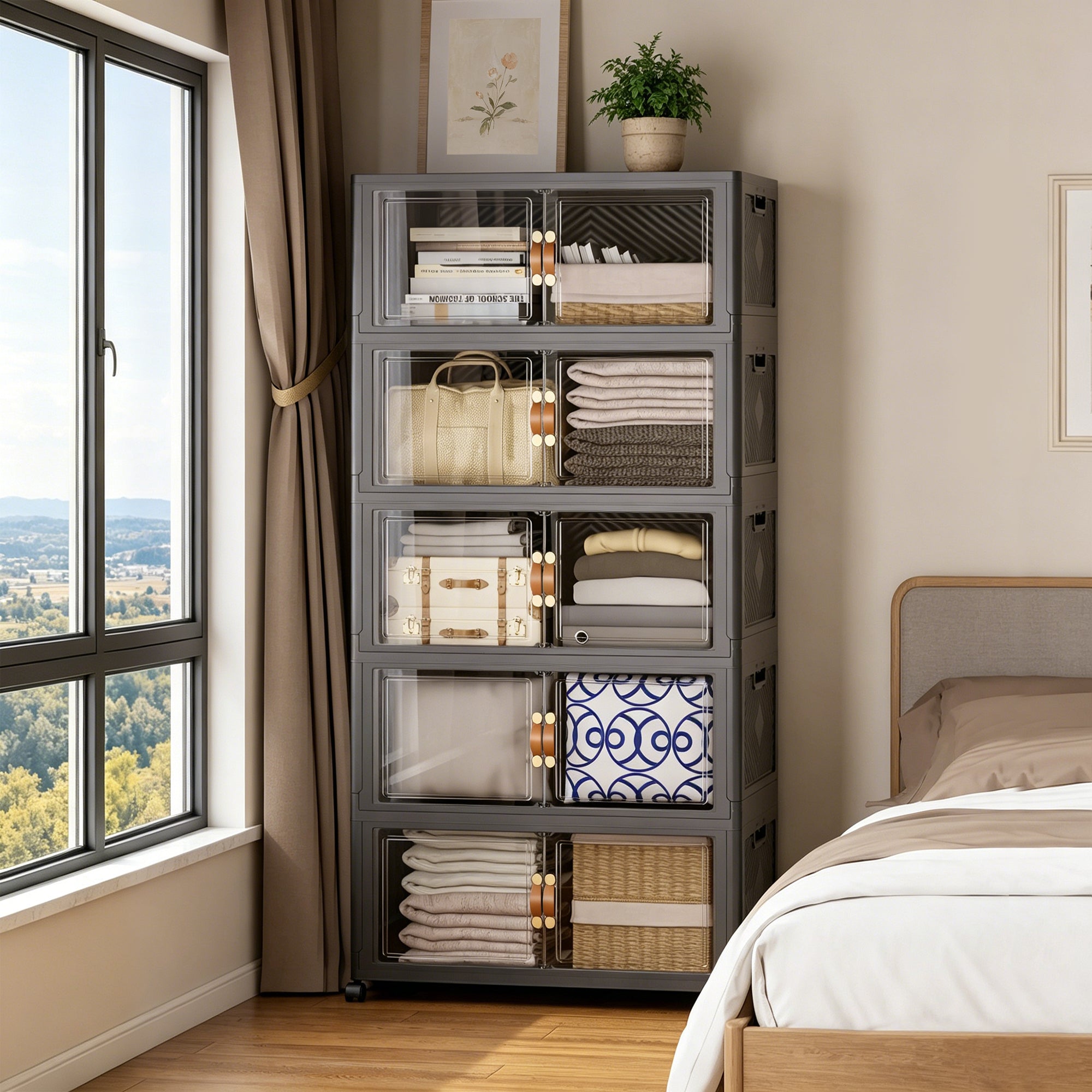 ClimbHope Collapsible Stackable Storage Bins with Lids, Rolling Storage Cabinet with Doors for Home & Garage