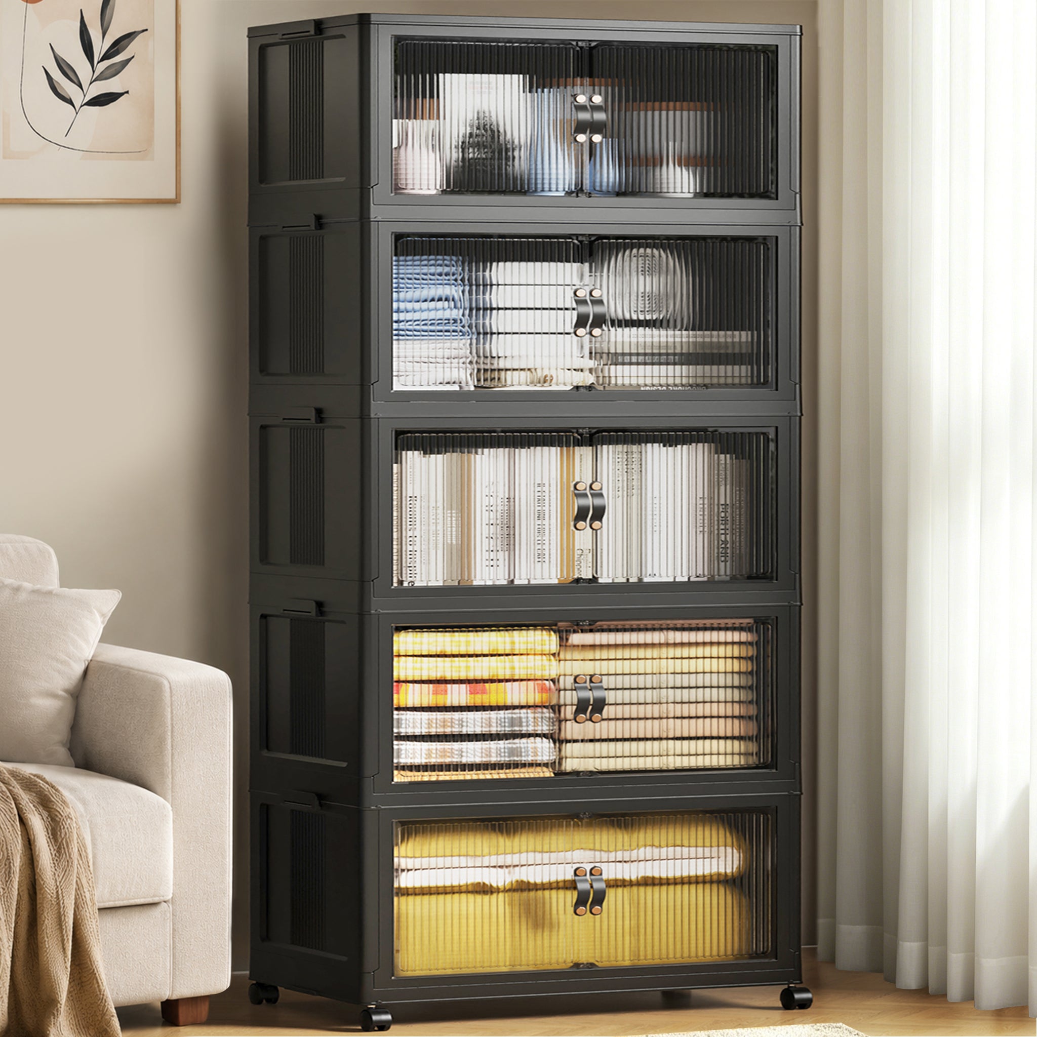 ClimbHope Collapsible Stackable Storage Bins with Lids, Folding Plastic Storage Box with Doors for Home, Closet