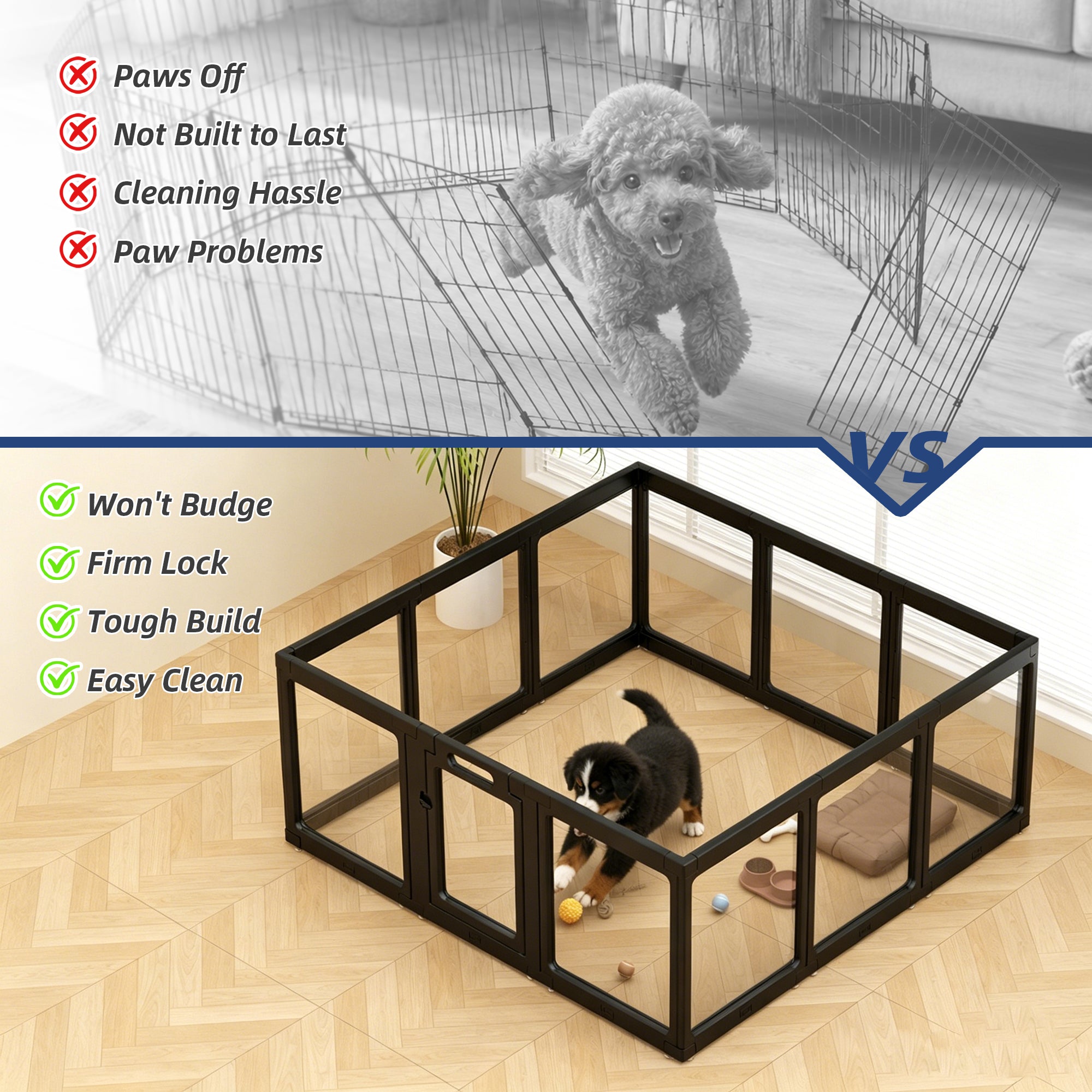 Clear Acrylic Dog Playpen Indoor, Premium Pet Play Pen for Puppies, Cats & Rabbits, Heavy Duty Foldable Dog Fence Crate Kennel